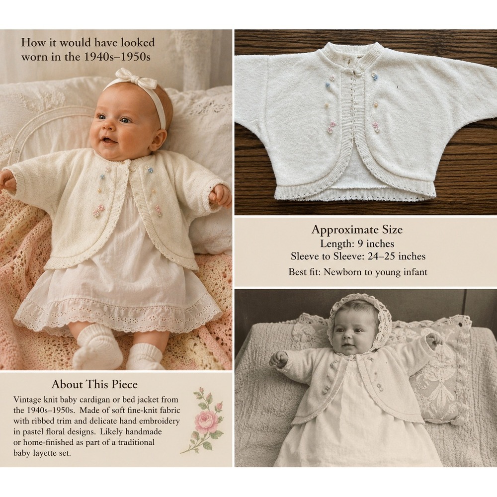 Vintage 1950s Handmade Knit Baby Cardigan Embroidered Flowers Newborn White